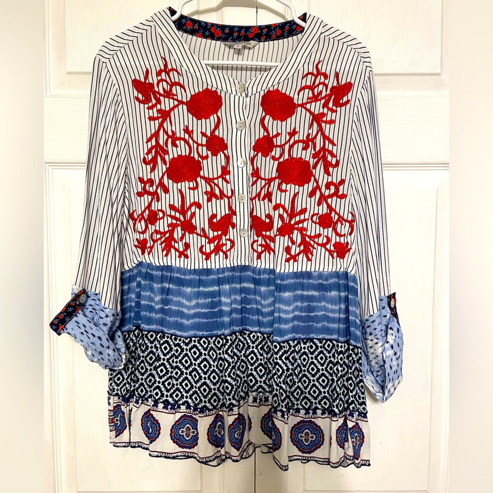 John Mark Red Floral Embroidered Blouse